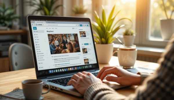  Person typing on a laptop with blog editor open, cozy home office.