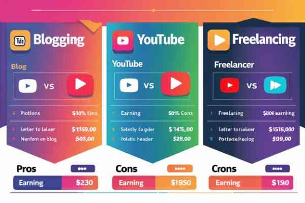  Infographic comparing blogging, YouTube, and freelancing earnings and benefits.