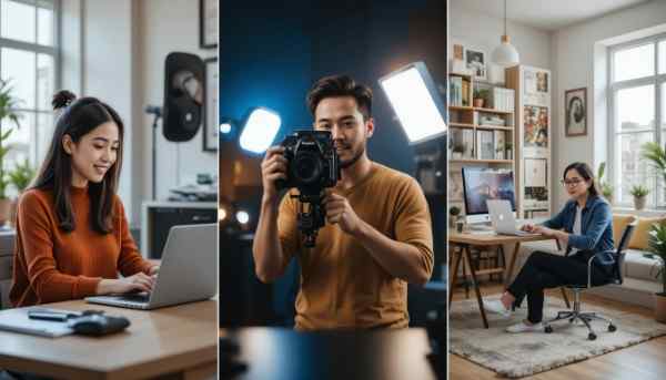 Modern workspace with laptop, smartphone showing YouTube, freelance dashboard, and blog page open.