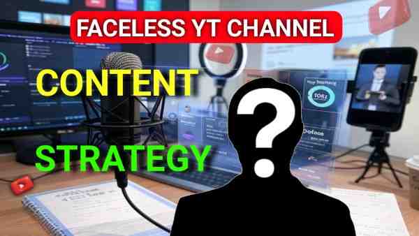 "2025 में फेसलेस YouTube चैनल सेटअप: माइक, लैपटॉप पर प्रीमियर प्रो एडिटिंग, हिंदी कंटेंट आइडिया नोटबुक और ₹1L+/माह एनालिटिक्स"