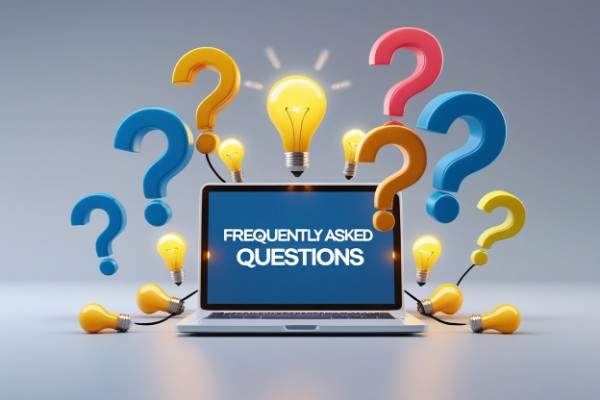  Laptop surrounded by question marks and light bulbs representing FAQs.