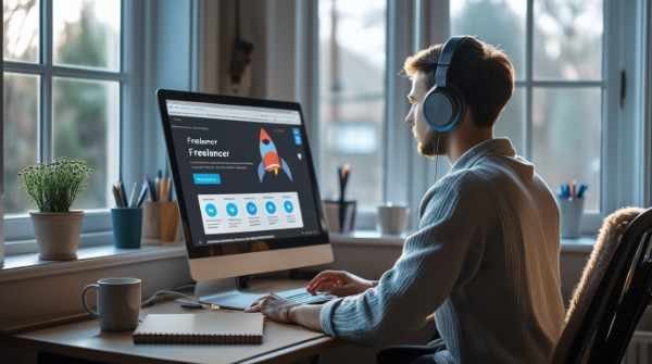  Freelancer working on Fiverr or Upwork from home office setup.
