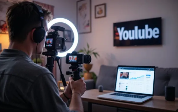 Content creator filming YouTube video at home with studio setup